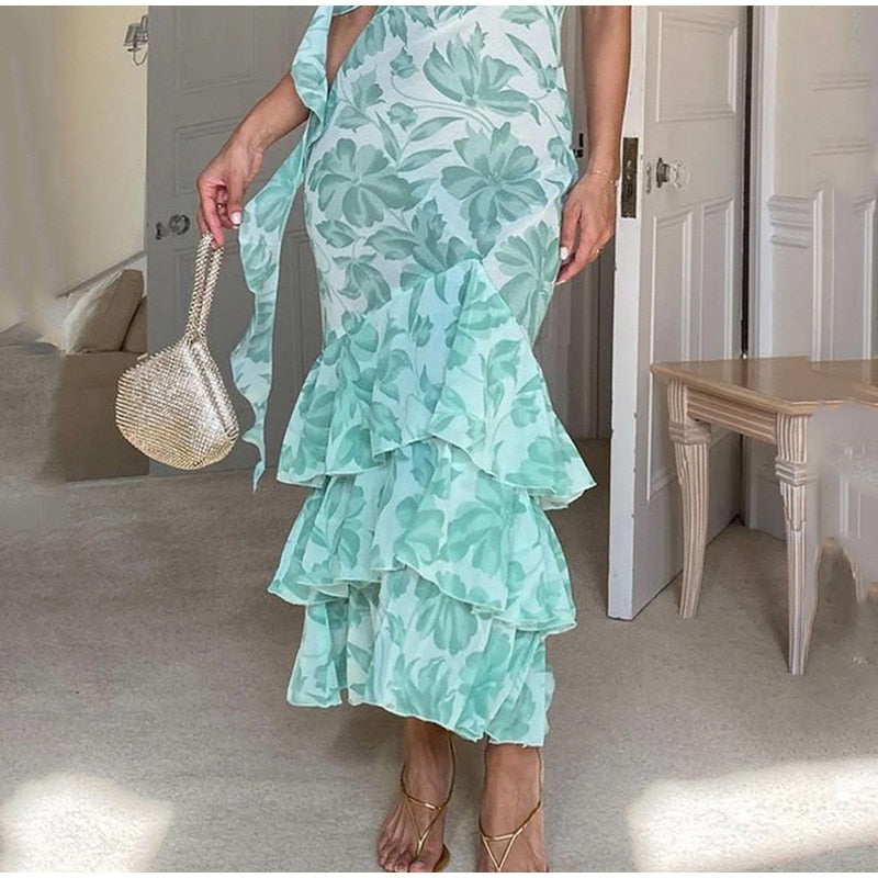Mingmingxi Women Sexy Printing Ruffle Midi Dress Vintage Sleeveless - Nxt Moda