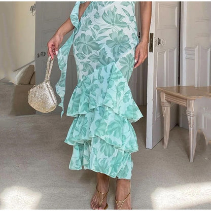 Mingmingxi Women Sexy Printing Ruffle Midi Dress Vintage Sleeveless - Nxt Moda