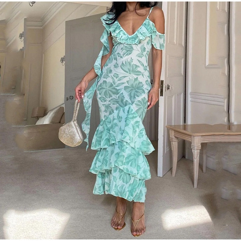 Mingmingxi Women Sexy Printing Ruffle Midi Dress Vintage Sleeveless - Nxt Moda