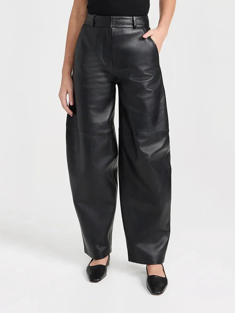 Women's High Waist Matte Faux Leather Balloon Pants Loose Casual Trousers