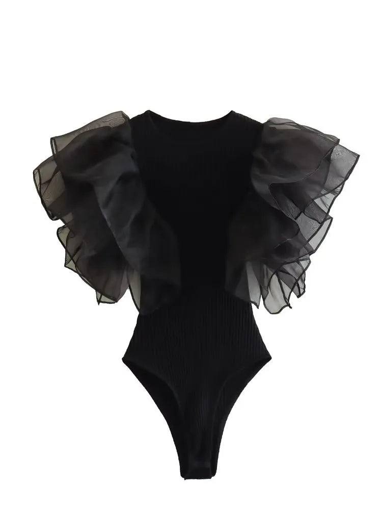 Fashion Black Ruffle Chic Bodysuit - Nxt Moda