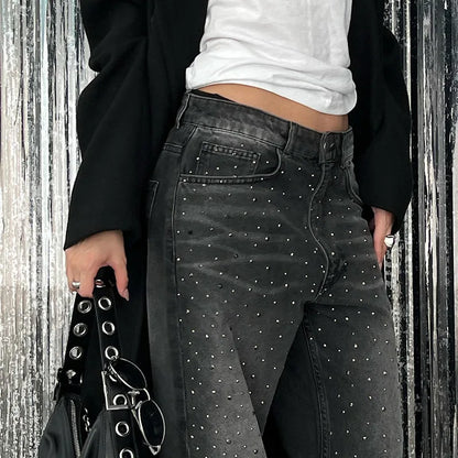 Women's Low Waist Wide Leg Rhinestone Jeans Baggy Oversized Denim Pants