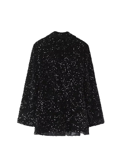 Shiny Double-Breasted Sequins Blazer with Belt