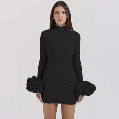 Bodycon Flare Sleeve Mini Dress Flower Splice Turtleneck Ruched High Waist