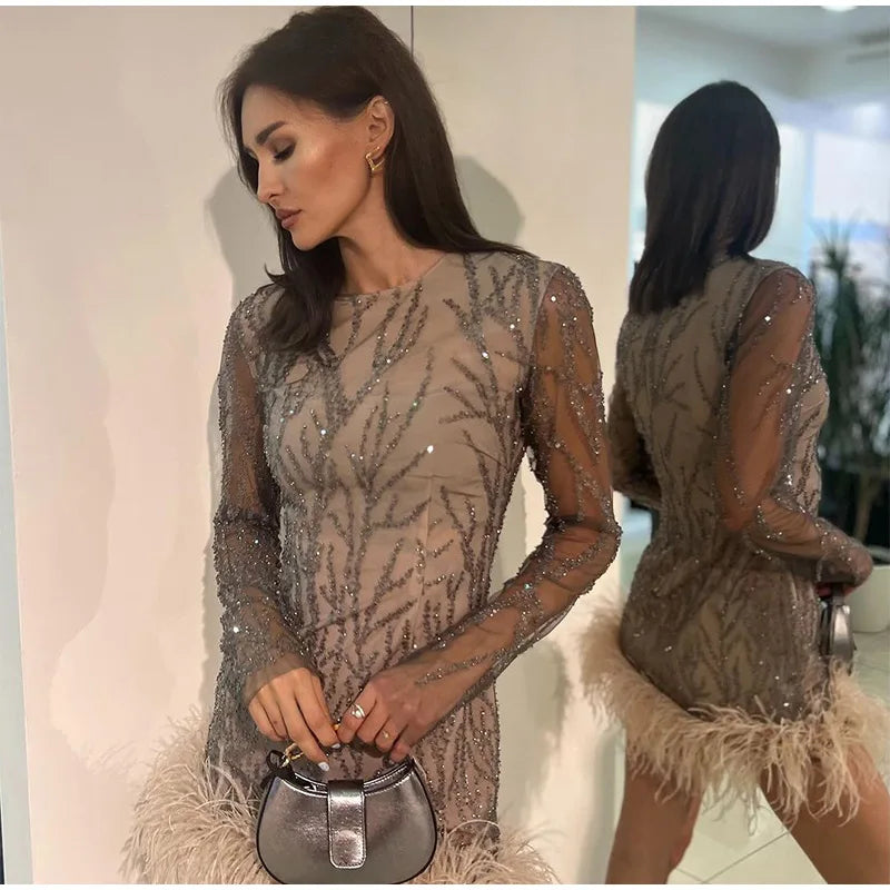 Feather Sequins Partywear Mini Dress Mesh Sheer Long Sleeve