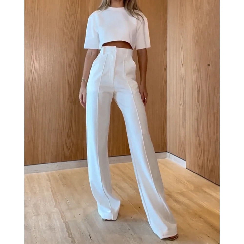 Casual O-Neck Crop Top and High Waist Wide Leg Pants 2-Piece Set