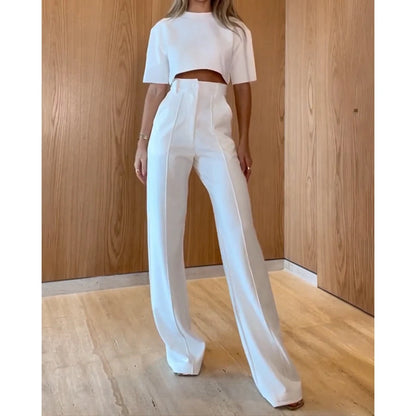 Casual O-Neck Crop Top and High Waist Wide Leg Pants 2-Piece Set