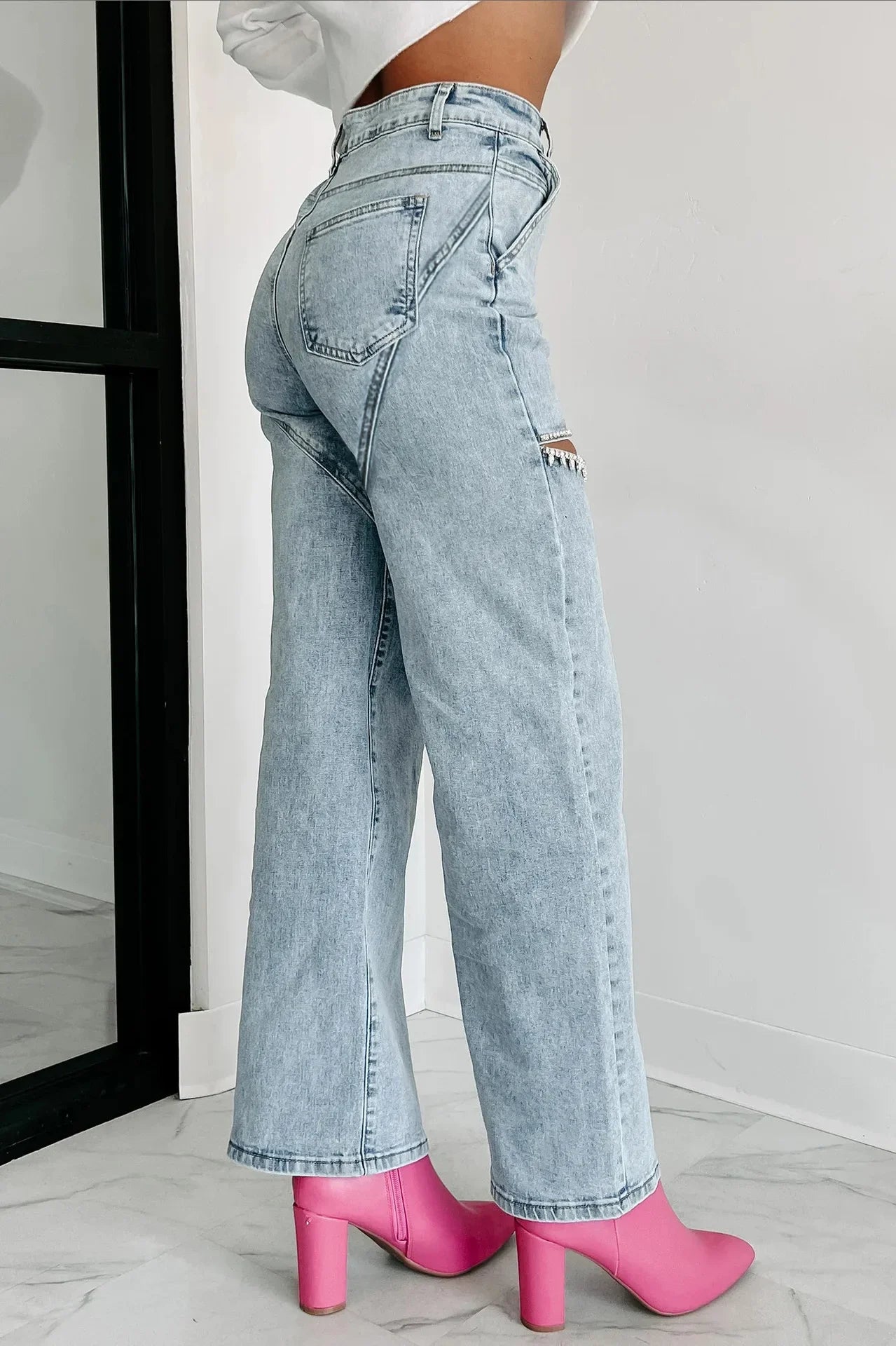 Women's High Waist Perforated Denim Jeans Y2K Streetwear