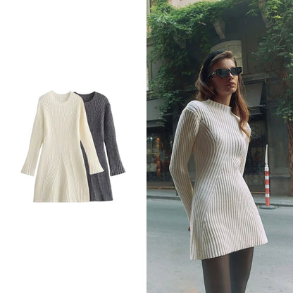 Ribbed Knit Long Sleeve Sweater Dress Slim Fit Winter Wear