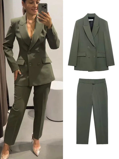 Olive 2-Piece Double-Breasted Blazer and Straight Pants Set