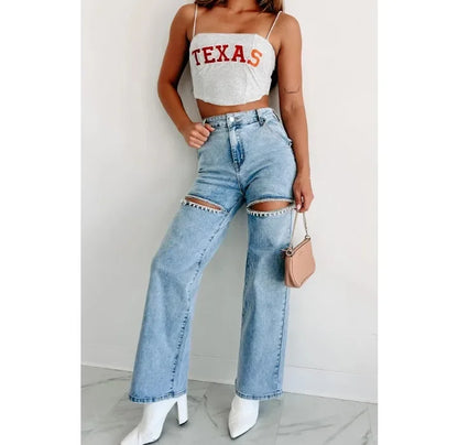 Women's High Waist Perforated Denim Jeans Y2K Streetwear