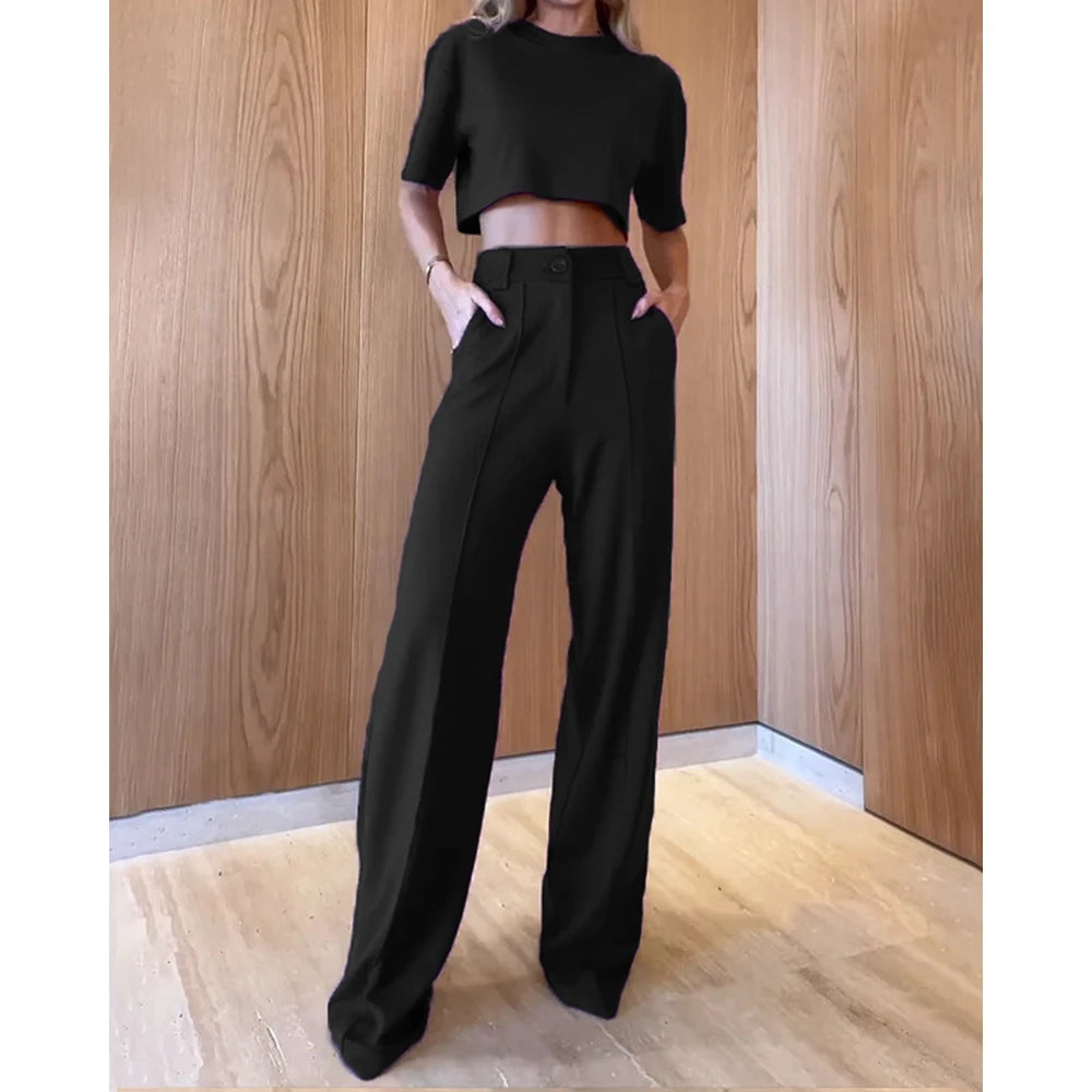 Casual O-Neck Crop Top and High Waist Wide Leg Pants 2-Piece Set