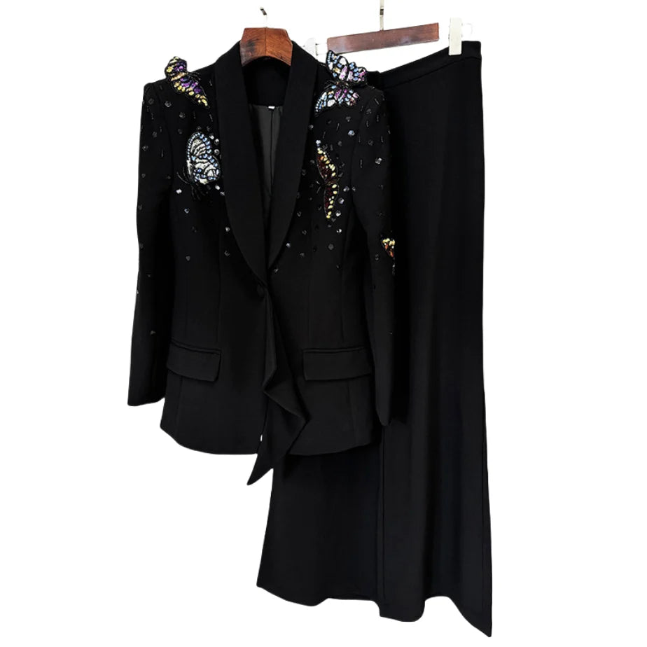 Luxury Embroidered Blazer and Bell Bottom Pants 2-Piece Set