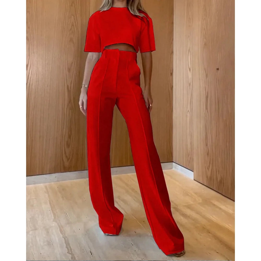 Casual O-Neck Crop Top and High Waist Wide Leg Pants 2-Piece Set