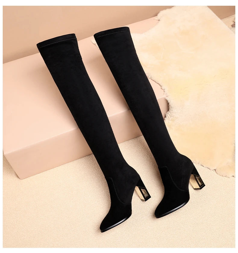 Women Zipper Pointed Toe Chunky Heel Over Knee Boots Winter Suede Socks Boots