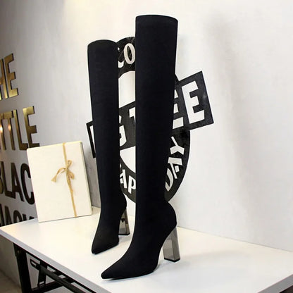 Stretch Fabric Winter High Boots Pointed Toe 10cm Heels Over-the-Knee Silver Boots