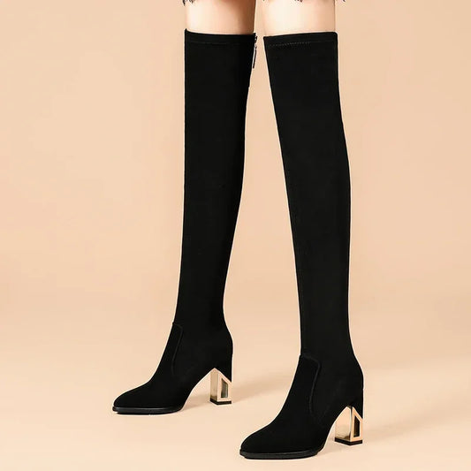 Women Zipper Pointed Toe Chunky Heel Over Knee Boots Winter Suede Socks Boots