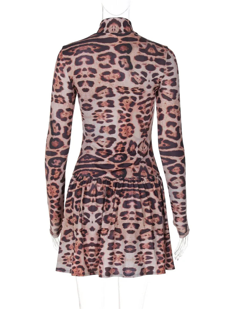 Leopard Print Party Dress High Collar Long Sleeve Bodycon Style