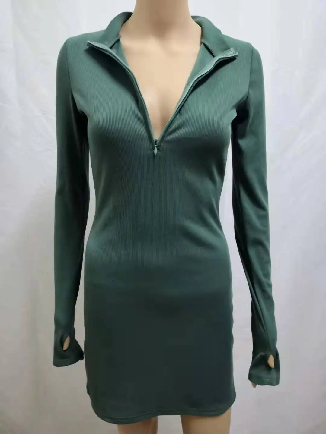 Half Zip Bodycon Ribbed Knitted Mini Dress