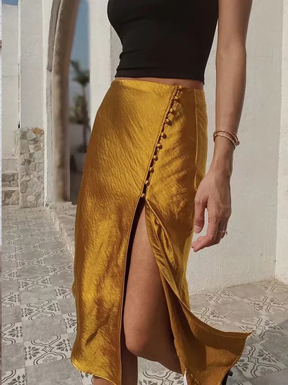 Elegant Button Up Midi Slit Satin Skirt - Nxt Moda