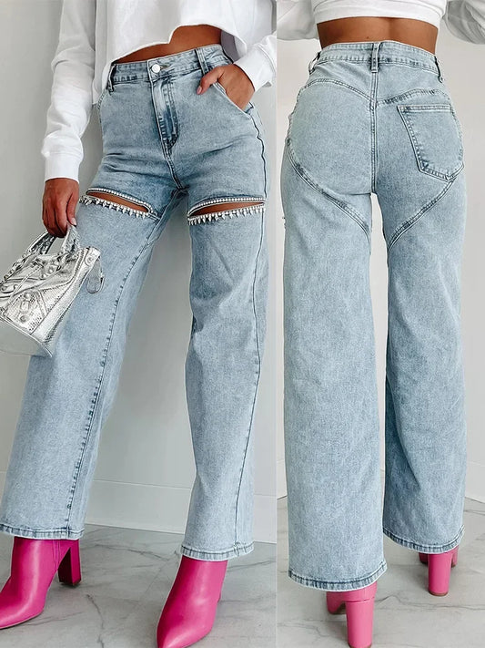 Women's High Waist Perforated Denim Jeans Y2K Streetwear