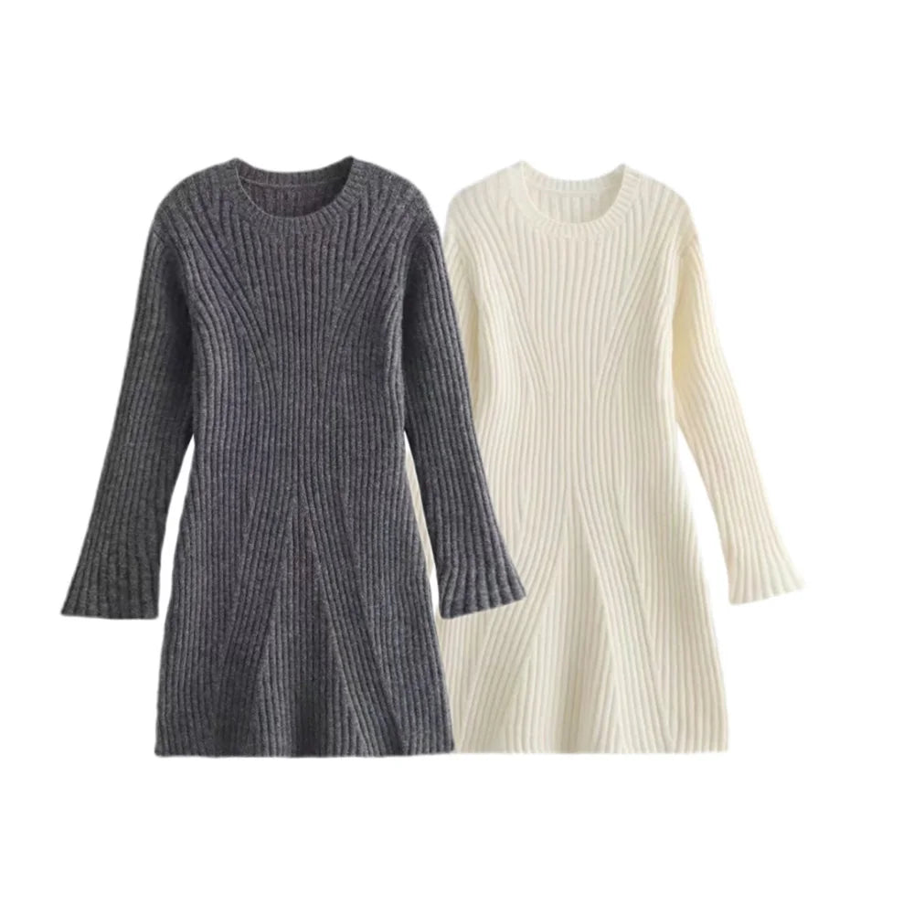 Ribbed Knit Long Sleeve Sweater Dress Slim Fit Winter Wear