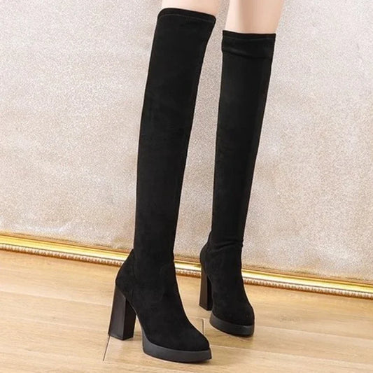 High Heel Pointed Toe Sock Boots Over Knee Winter Shoes Solid Zipper Women's Boots