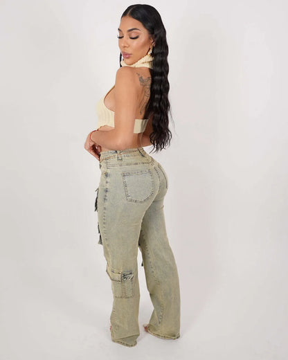 Women's High Waisted Retro Cargo Denim Pants