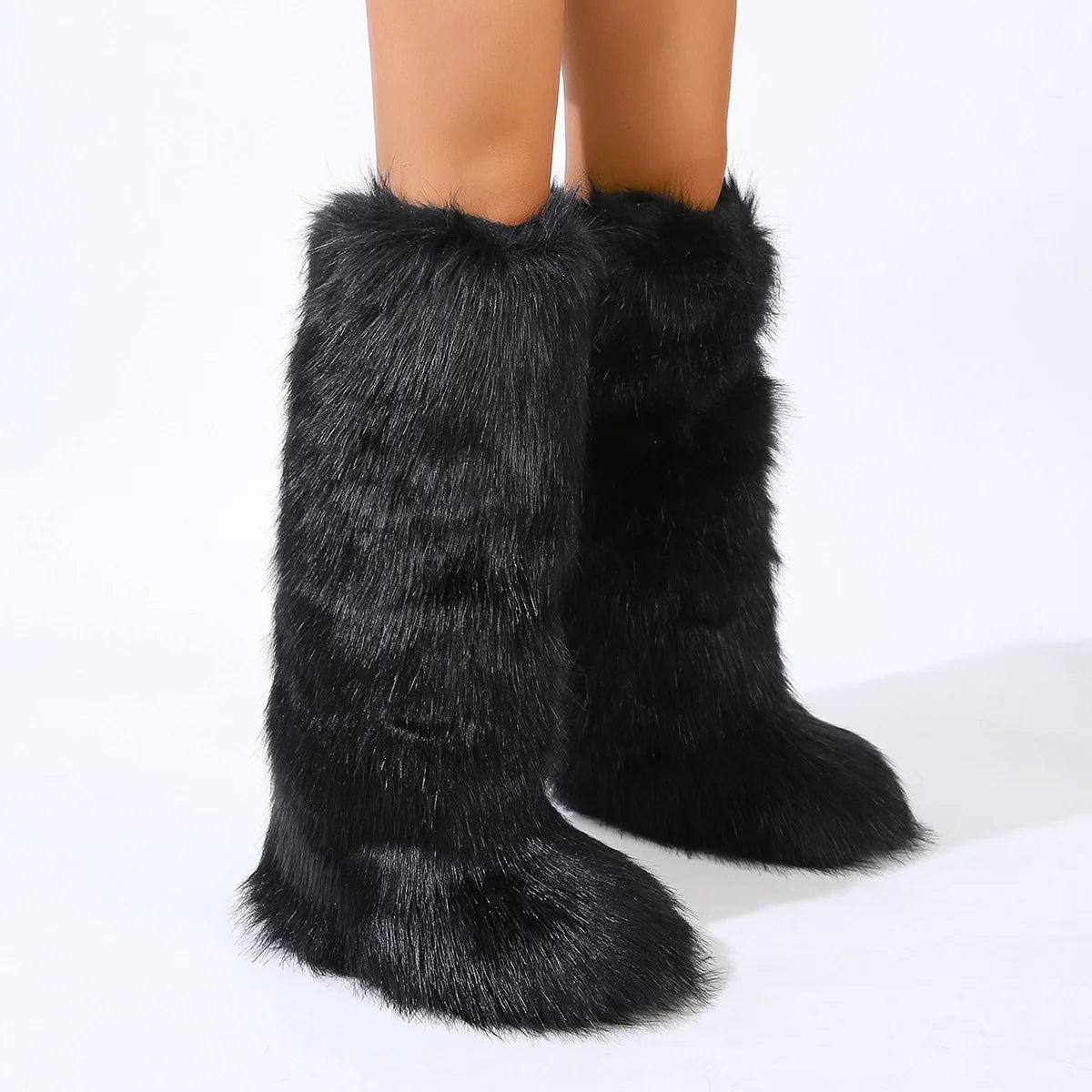 Women Winter Thigh High Fluffy Boots Faux Fox Fur Plush Knee High Fur Boots