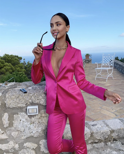 Shiny Satin Pink Blazer and Pants 2-Piece Casual Daily Set