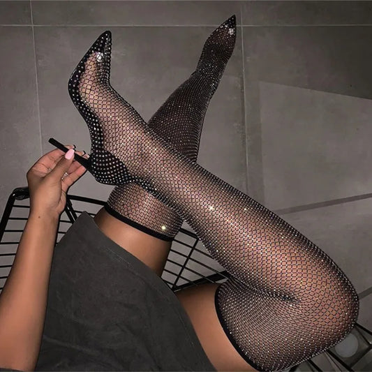 Sexy Pumps Stiletto High Heel Over Knee Mesh Sock Boots Pointed Toe Fishnet Heels Plus Size