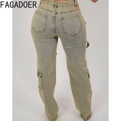 Women's High Waisted Retro Cargo Denim Pants