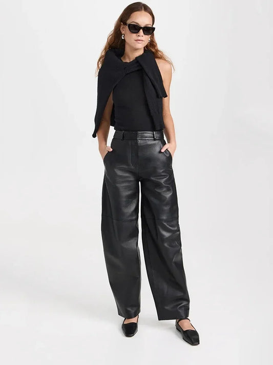 Women's High Waist Matte Faux Leather Balloon Pants Loose Casual Trousers