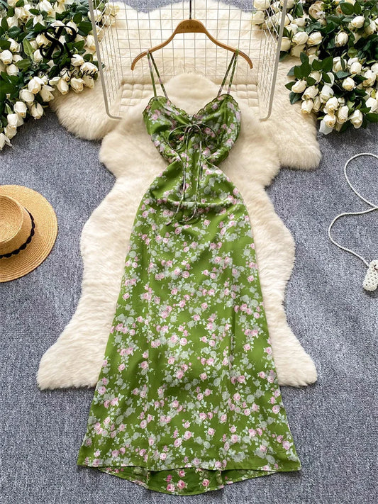 Green Floral Chiffon Spaghetti Strap Long Dress