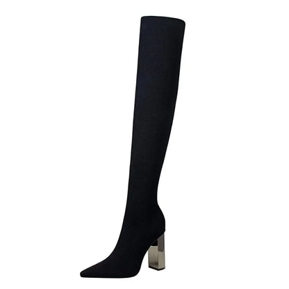 Stretch Fabric Winter High Boots Pointed Toe 10cm Heels Over-the-Knee Silver Boots