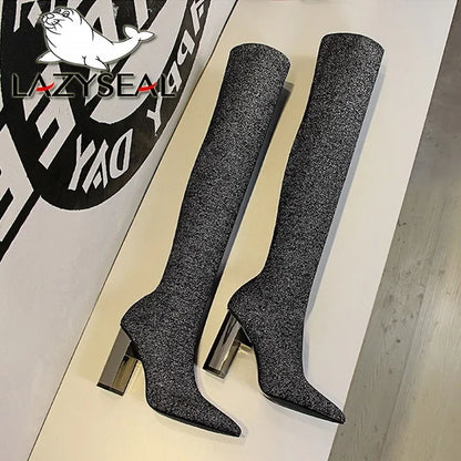 Stretch Fabric Winter High Boots Pointed Toe 10cm Heels Over-the-Knee Silver Boots