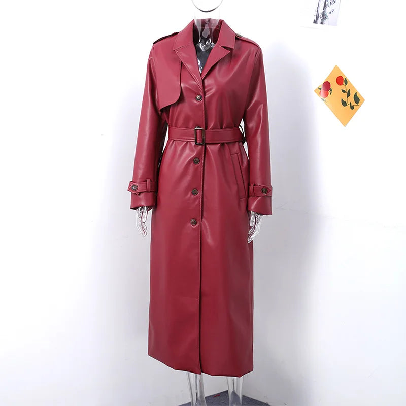 Women's Long Leather Jacket with Belt Loose Lapel Coat