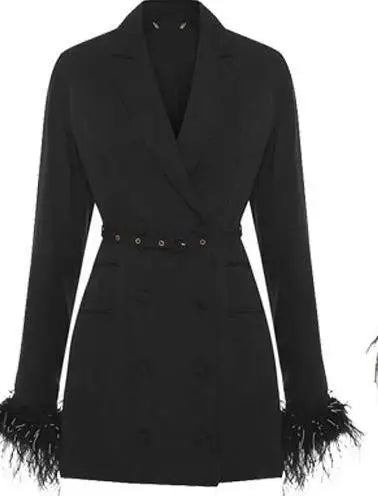 Women's Black Feather Blazer Coat with Belt Vintage Spring Jacket