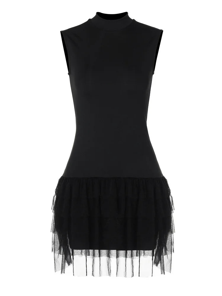 Women's Sleeveless Black Mini Tank Dress with Mesh