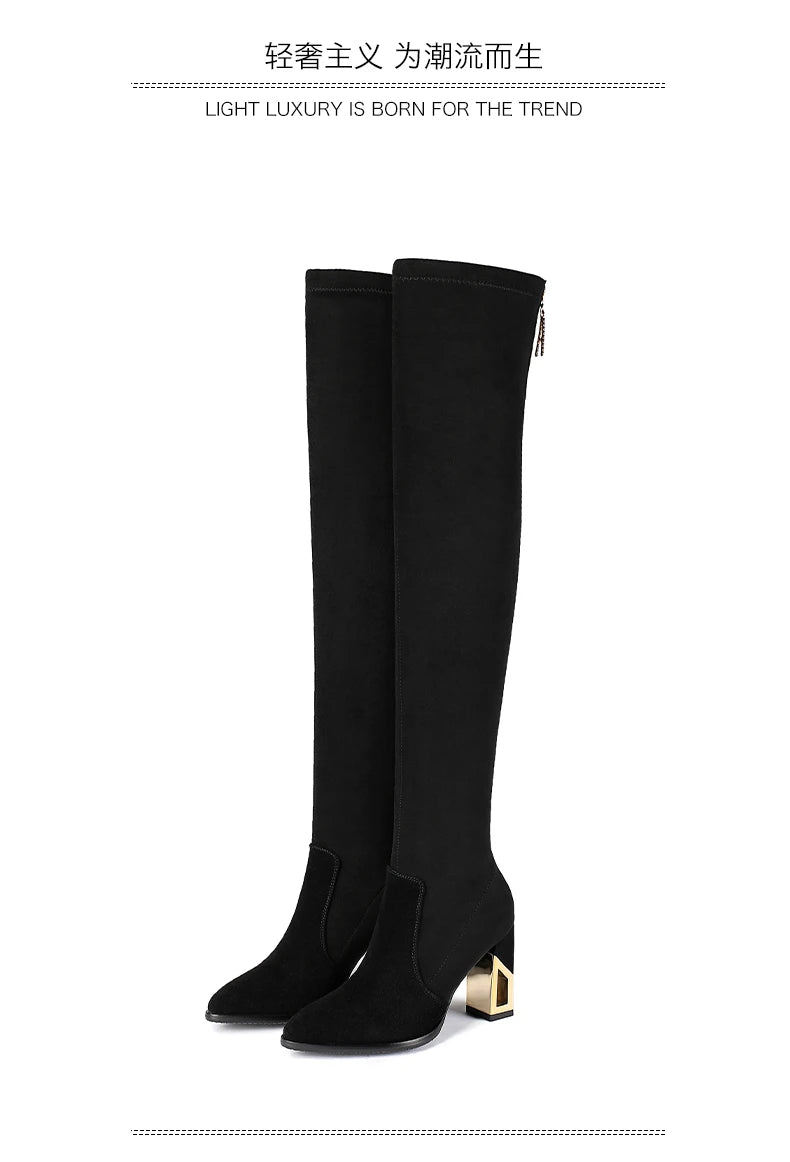 Women Zipper Pointed Toe Chunky Heel Over Knee Boots Winter Suede Socks Boots