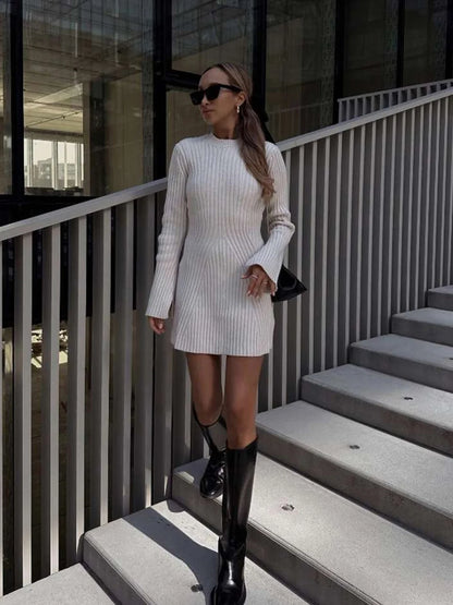 Ribbed Knit Long Sleeve Sweater Dress Slim Fit Winter Wear