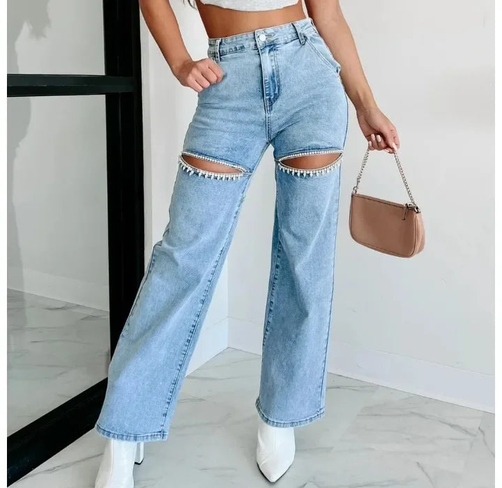 Women's High Waist Perforated Denim Jeans Y2K Streetwear