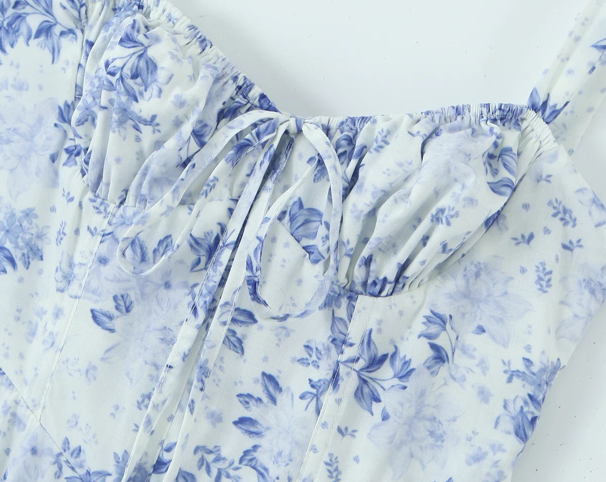 Sexy Ruched Blue White Flower Print Corset Midi Dress