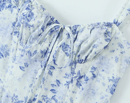 Sexy Ruched Blue White Flower Print Corset Midi Dress