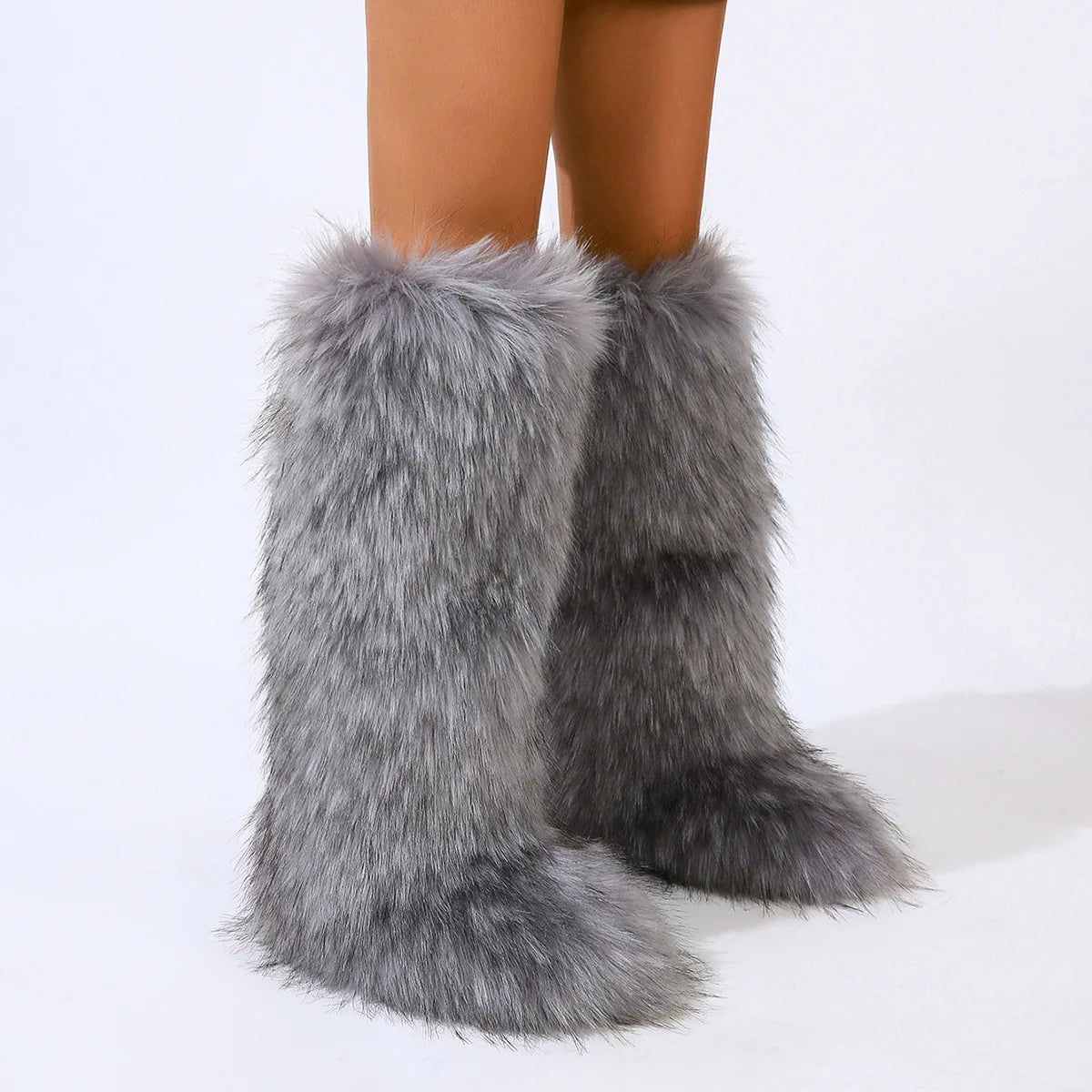 Women Winter Thigh High Fluffy Boots Faux Fox Fur Plush Knee High Fur Boots