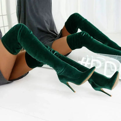 Green Over-the-Knee Stiletto Boots – Stylish, Elastic Fit, Side Zipper