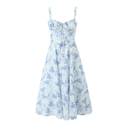 Sexy Ruched Blue White Flower Print Corset Midi Dress