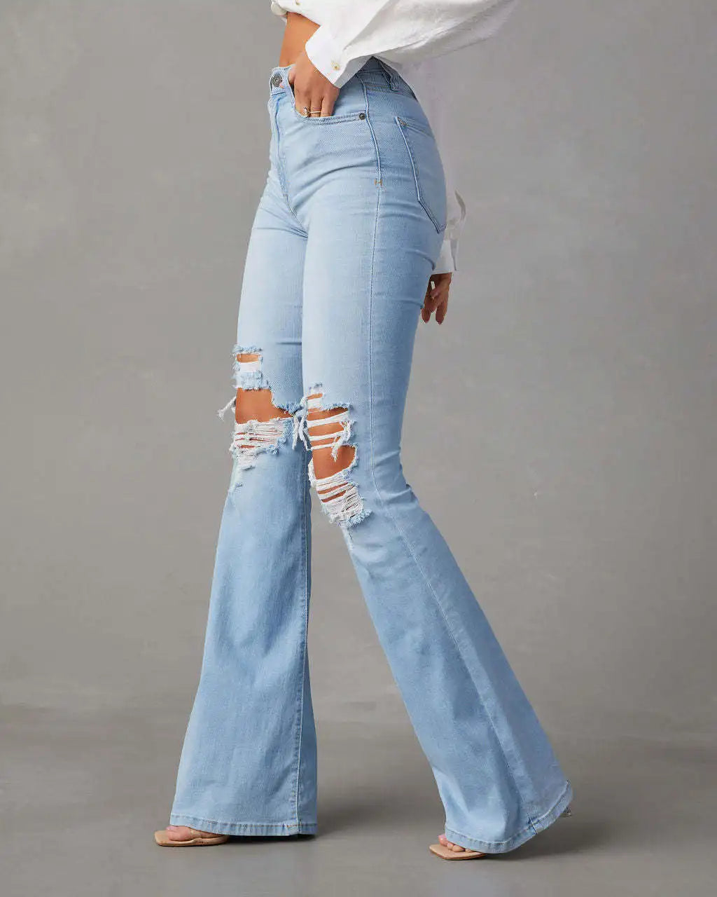 Women's High Waist Flare Jeans with Holes Y2K Denim Trousers