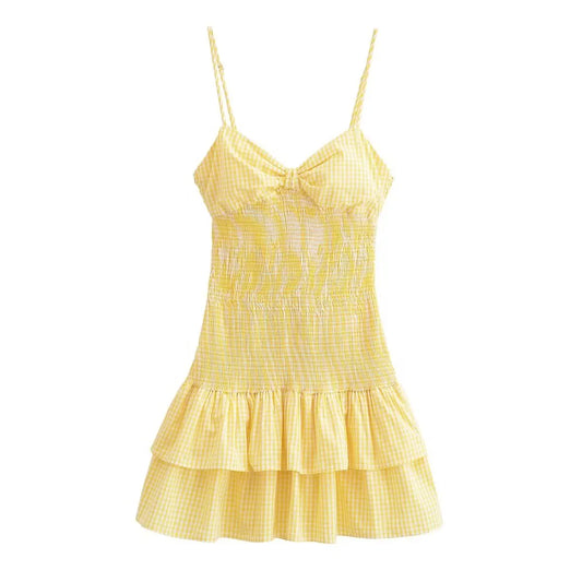 Butter Yellow French Spaghetti Strap Short Ruffle Dress