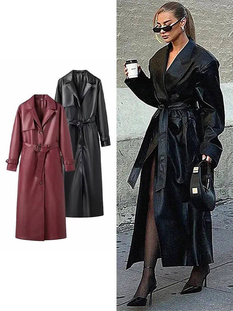 Women's Long Leather Jacket with Belt Loose Lapel Coat